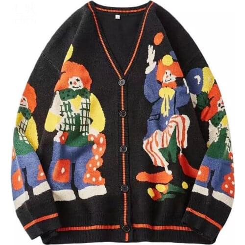 Christmas Knitted Sweater Women Cardigan Oversized Streetwear Knit Jumper Funny Clown Print Cotton Mens Harajuku Knit Coats O8