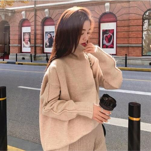 La femme loose casual high neck sweater women autumn and winter new solid color sweater pullover sweater ladies design sense