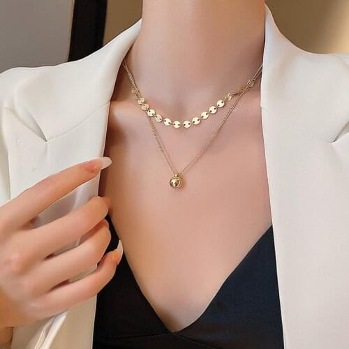 U-Magical Minimalist Double Layer Round Ball Beaded Pendant Necklace for Women Textured Gold Metallic Chain Necklace Jewelry