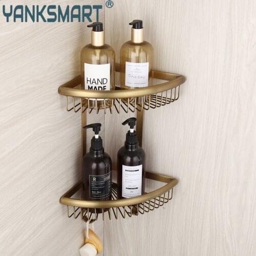 YANKSMART Antique Brass Dual Tier Corner Storage Holder Shelves Storage Rack Toilet Utensil Bathroom Shower Shampoo Shelf Holder