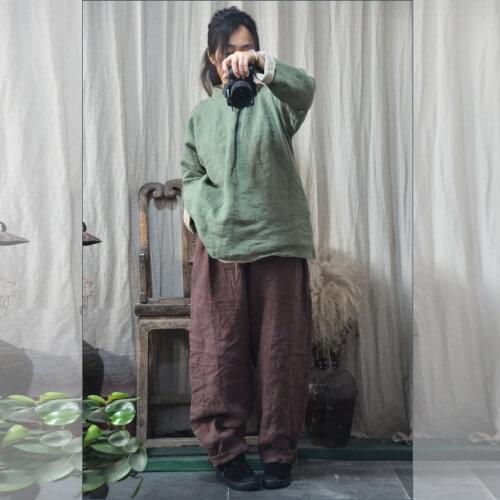 Women Spring Autumn Ramie Blouse Tops Female 2020 Solid Color Vintage Ramie Shirt Ladies Retro Ramie Blouses