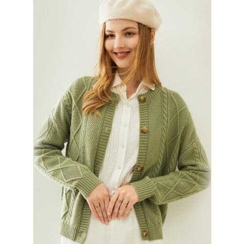 Women Jackets 100% Pure Wool Knitted Sweaters Hot Sale Oneck Long Sleeve Print Cardigans for Ladies Clothes