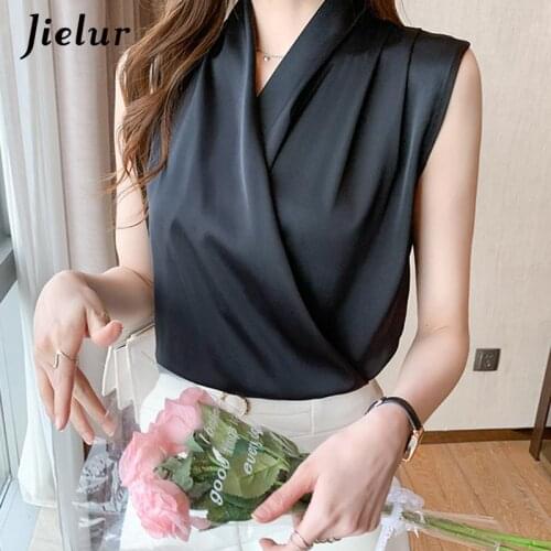 Jielur Womens Tops Blouses Solid Color White Satin Blouse Office Shirt Blusas 2021 Sleeveless Women Shirts Black White Female