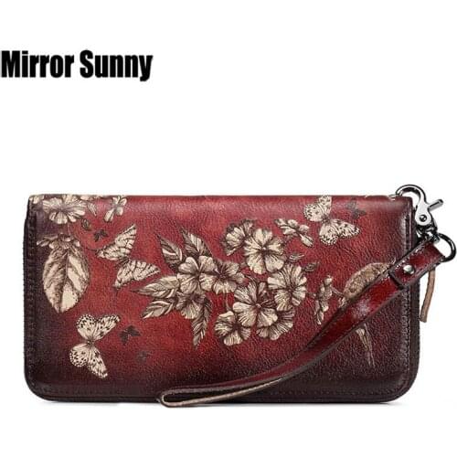 Retro Wallet For Women Flower Butterfly Bird Pattern Leather Long Zipper Purse Female Cowhide Wristband Clutch Wallet Coin Purse