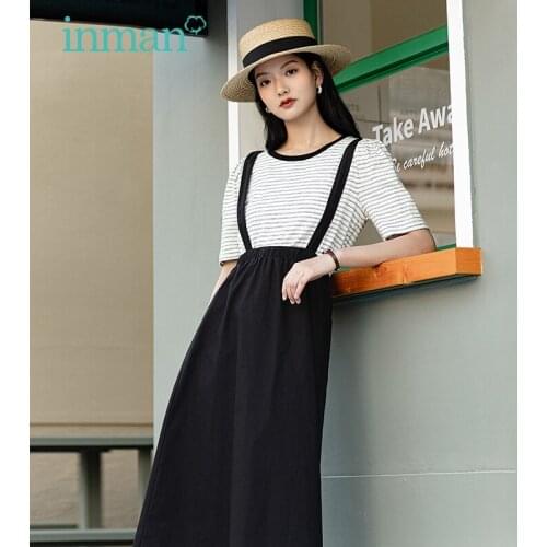 INMAN Summer Suspender Suit Female Casual Cute Sweet Style Striped Short Sleeve Top Cross Back Wide Hem A-Line Skirt
