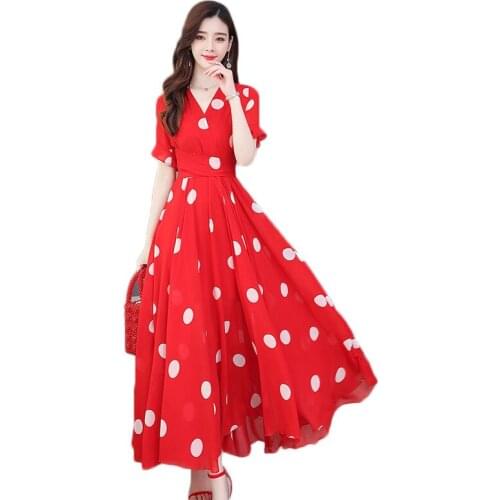 2020 Summer Boho Sexy Long Dress For Women Short sleeve Polka Dots Elegant Red Dress V-Neck Ladies Party Night Dresses