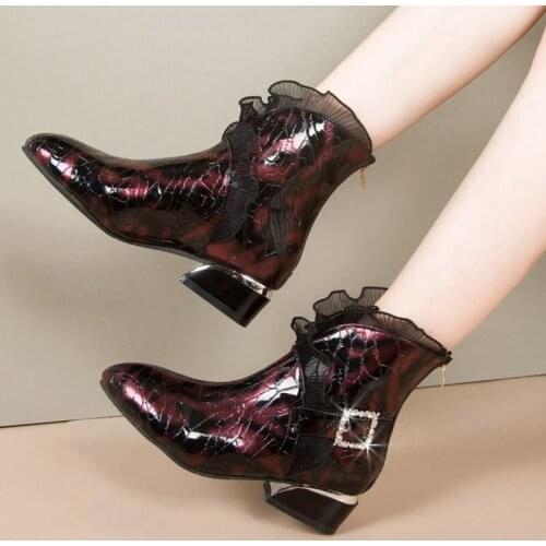 Lace Ankle Boots Women Pointed Toe Square Heels Lady Shoes Elegant 2021 Spring Fashion Metal Buckle Female Short Botas Mujer New