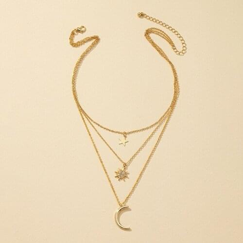 Ins Gold Chain Triple Layers Crescent Moon Star Minimalist Pendant Necklaces Trendy Korean Fashion Women Party Jewelry