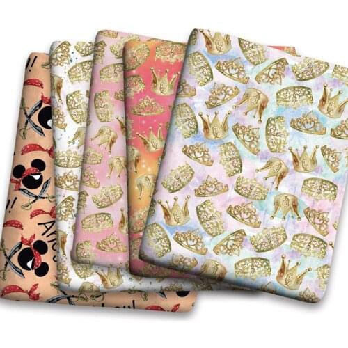 50*150cm Cartoon Yellow Princess Crown Printed Polyster Cotton Liverpool Bullet Fabric for DIY for Handmade By Yard
