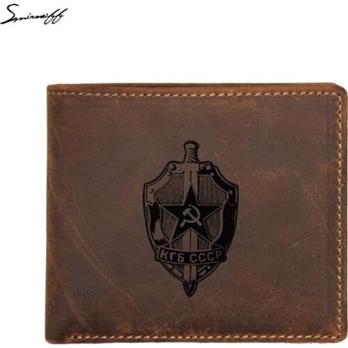 Engraved Soviet Union KGB Logo Wallet Male Genuine Leather Purse FRID Blocking Small Coin pocket Purse Vintage Men Wallet
