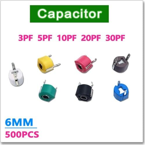 JASNPROSMA 500PCS 6MM 3PF 5PF 10PF 20PF 30PF black blue white red green Adjustable capacitor Trimming JML06