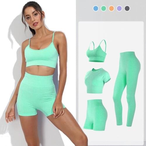 Seamless Women Yoga Set Gym Fitness Clothes Top Shorts Leggings Elastic Tight Training Suit Running Short Sleeve Sportswear