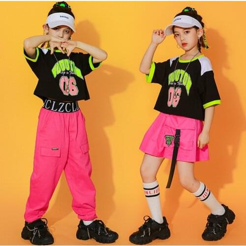 Modern Hip Hop Dance Costume Kids Girls Tops Short Sleeve Hiphop Pants Pink Skirt Street Jazz Performance Clothes Wear BL6021