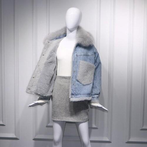 Winter Jacket Women Loose Fur Collar Denim Oversize Short Female Jacket Elegant Thick Warm Faux Fur Lining Parkas 2021 Korean