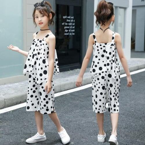 Girls Clothes Sets Summer 2020 Dot Sling T-shirt + Wide Leg Pants Kids Suits Baby Children Teens Clothing 5 6 7 8 9 10 12 Years
