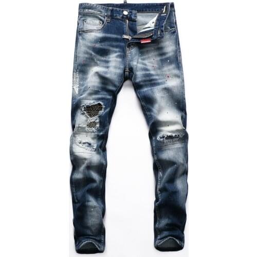 2021hot European Style mens dsqua brand Men straight denim trousers jeans Slim Paint printing blue hole zipper jeans for D2men