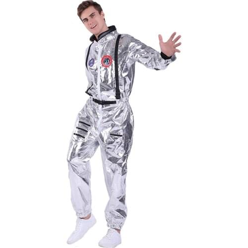 Space Suit For Men Adult Plus Size Astronaut Costume Silver Pilot Costumes 2019 New Arrival Halloween Costume One Piece Jumpsuit