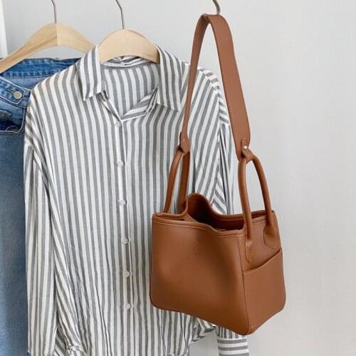 2021 New Soft PU Leather Solid Color Bucket Shoulder Bag for Women Korean Fashion Designer Ladies Female Composite Bags Handbags
