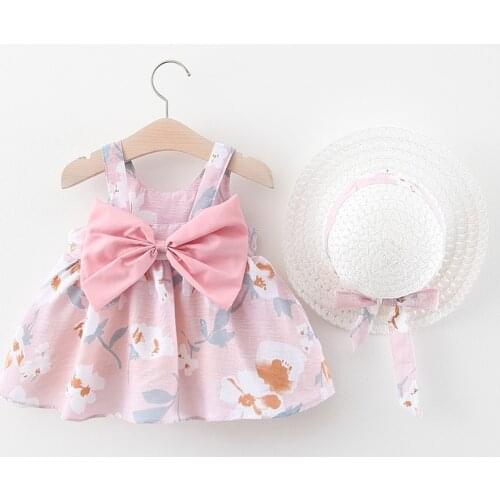 Summer New Baby Dress + Hat Baby Girl Clothes Outfits Girl Princess Birthday Party Dress Bow Print Infant Toddler Newborn Dress