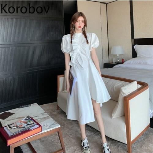 Korobov 2021 New Arrival Sweet Women Dress Vintage Elegant Korean Female Dresses High Waist Irregular A-Line Vestidos