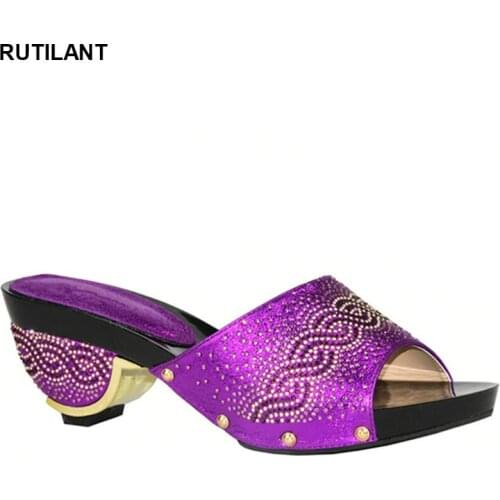 New African Slippers Summer High Heels High Quality African Low Heels Pumps African Women Wedding Shoes Purple Color Women Shoes