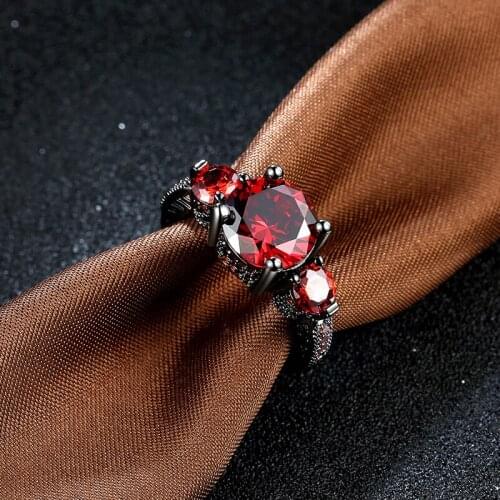 Luxury Red Round Cubic Zircon Crystal Rings For Woman Engagement Jewelry High Quality Black Gold Color Rings Bijoux