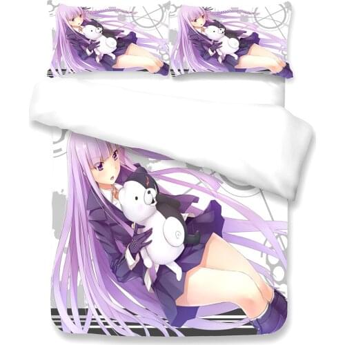 Danganronpa Game Girl and Monokuma Pattern 3 Piece Bedding Set All Season Microfiber Super Soft Duvet Cover with Pillowcase