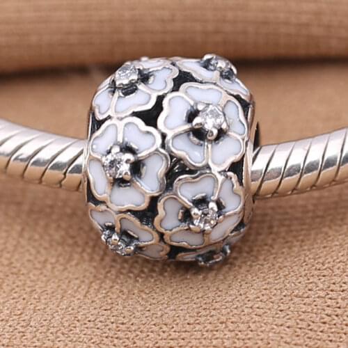 Authentic S925 Bead DIY Jewelry Primrose Meadow Charms fit Lady Bracelet Bangle White Enamel Flower