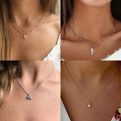 Tenande Simple Style Clavicle Chain Birds Cross Hearts Stars Simulated Pearl Necklaces & Pendants for Women Punk Party Collier