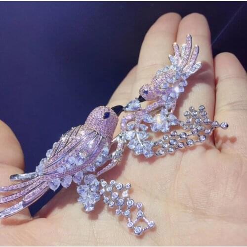 Double birds brooch pink color 925 sterling silver fine women jewelry free shipping