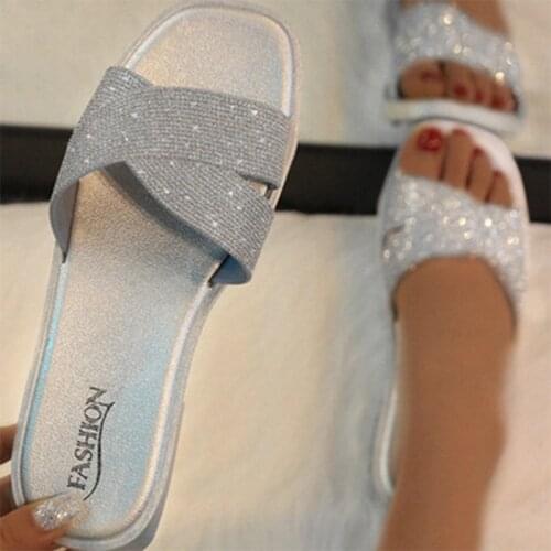 2020 Women Bling Crystal Slippers Summer Sildes Casual Soft Woman Outdoor Beach Indoor Glitters Flats Shoes Ladies Footwear