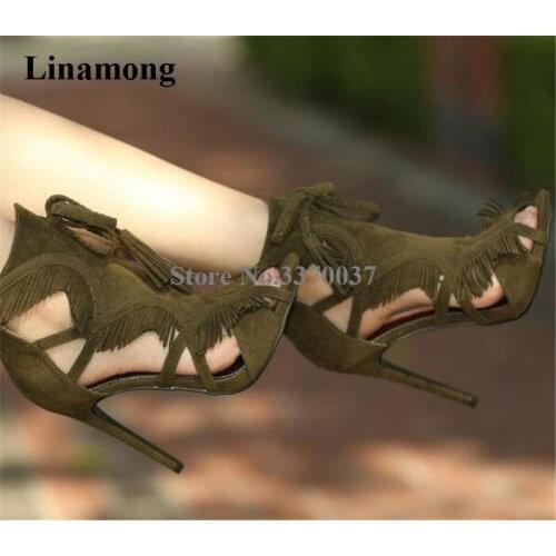 Women New Fashion Peep Toe Suede Leather Stiletto Heel Short Tassels Gladiator Boots Cut-out Fringes High Heel Ankle Sandal Boot