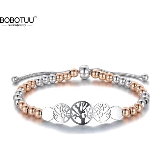 BOBOTUU Bohemia Titanium Stainless Steel Beads CZ Crystal Charm Bracelets For Women Girls Trendy Tree Chain Link Jewelry BB19085