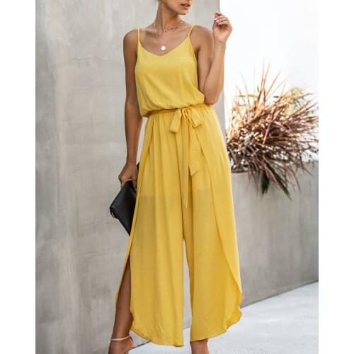 Women Summer Fashion V-neck Sling Wide Leg Side Split Jumpsuit Womens Soild Color Playsuits Female Overalls Bodysuit Rompers
