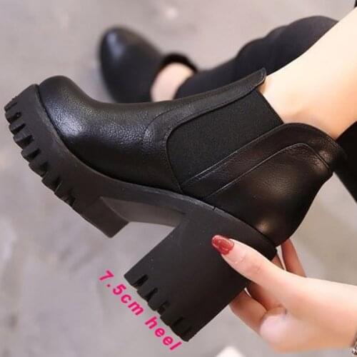 LIHUAMAO Motorcycle chelsea boots women square heel platform round toe slip on for party work western boots outdoor casual