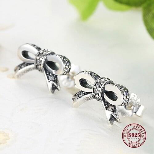 Original 100% 925 Sterling Silver Sparkling Bow With Clear CZ Stud Earrings For Women Brand Fashion Jewelry Gift