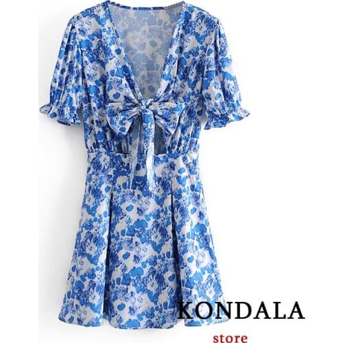 KONDALA Womens Za Sundress 2021 V-Neck Ditsy Floral Printed Elastic Bust Sweet Puff Sleeve Fmale Stain Dresses Mujer Vestidos