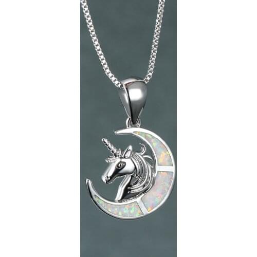 Boho Female Blue White Opal Pendant Necklace Charm Silver Color Moon Necklaces For Women Cute Bridal Unicorn Wedding Necklace