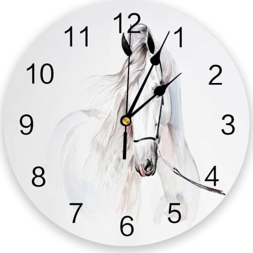 Animal Horse Watercolor Painting Round Wall Clock Modern Design Home Living Room Decoration Childrens Room Kitchen Table Clock