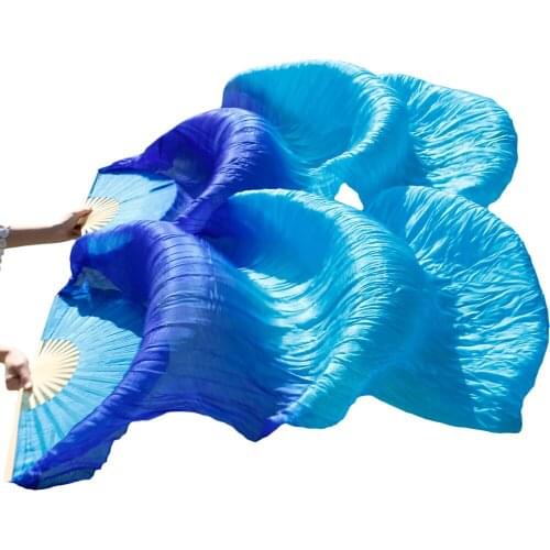 100% Real Silk Fans 1 Pair Handmade Dyed Bamboo Ribs Women Belly Dance Performance Props Silk Fans Royal blue+Turquoise 180*90cm