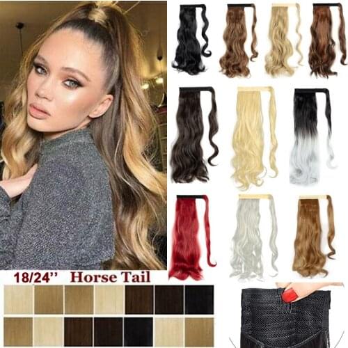 18'' 24'' Long Straight Curly Wavy Hair Piece Wrap Around Ponytail Hair Extension for Womens Clip In Ponytail Extension