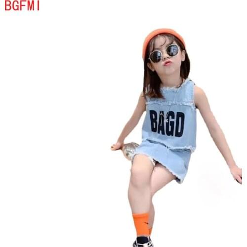 2-9 Y Summer Fashion Baby Girl Denim Clothes Set Bebe Kids Letter Print Jean Clothing Suit Sleeveless Cotton Vest+Skirt 2PCS