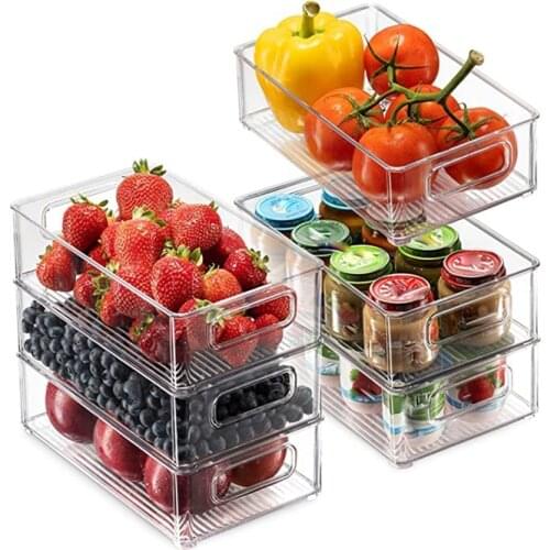 6Pcs Refrigerator Organizer Bins Stackable Fridge Organizers with Cutout Handles Clear Plastic Pantry Food Storage Rack