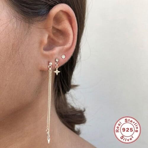 BOAKO 925 Sterling Silver Asymmetric Star Sun Stud Earrings for Women Hanging Long Chain Tassel Zircon Eye Ear Stud Party Jewel