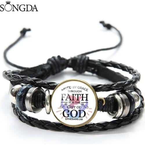 Bible Verse Psalm Circle Leather Bracelet God Is The Strength Of My Heart Pattern Couple Bangle Women Men Fashion Jewelry Gifts