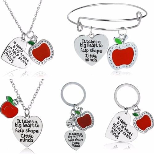 Thank You Teachers Necklace Apple Love Heart Pendant Teacher Keychain It Takes A Big Heart To Help Shape Little Minds Bangle New