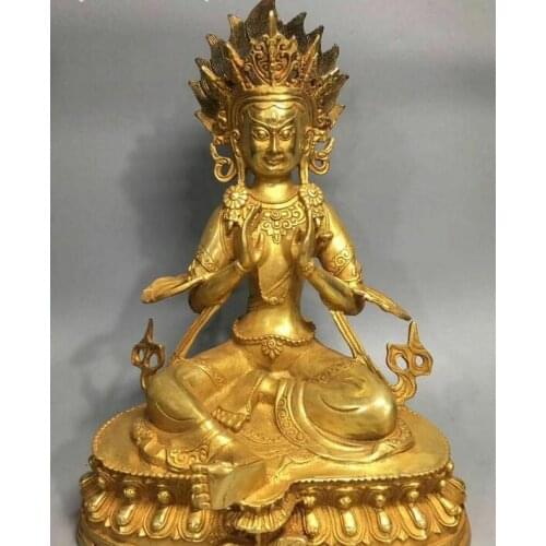 11" Rare Bronze Gilt Green Tara Mahayana Buddhism Goddess Enlightenment Statue