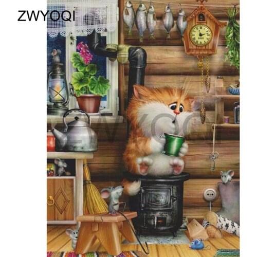 Full Square Diamond mosaic Cat fish clock Full Round Diamond embroidery Cross stitch Cat fish 5D DIY Diamond painting Cat fish