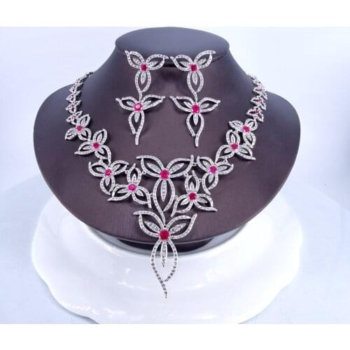 2021 New fashion retro RED flower CZ zircon necklace earring jewelry set wedding bridel banquet party dinner dressing jewelry