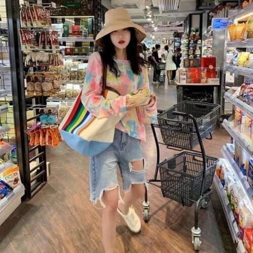 2020 Summer New Denim Shorts Womens Loose Korean-Style Students Were Thin Straight Tube Hong Kong Flavor High Waist Hole Shorts